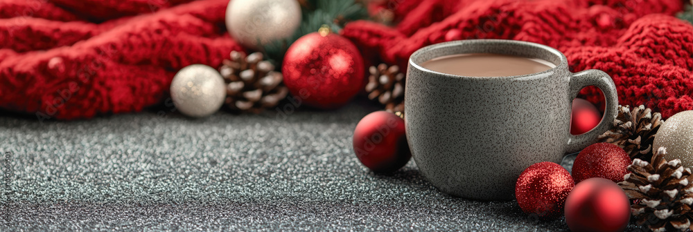 Fototapeta premium cozy coffee cup filled with hot chocolate, surrounded by festive decorations like red and gold ornaments, pine cones, and warm knitted blanket, evokes joyful holiday spirit