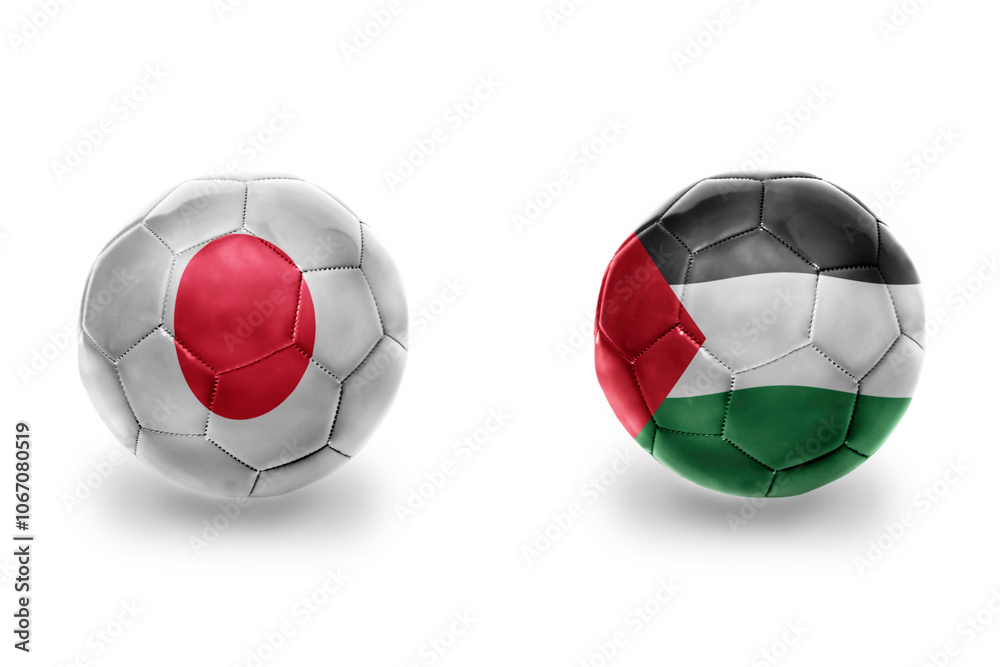 football balls with national flags of palestine and japan ,soccer teams. on the white background. football balls with national flags of palestine and japan ,soccer teams. on the white background.