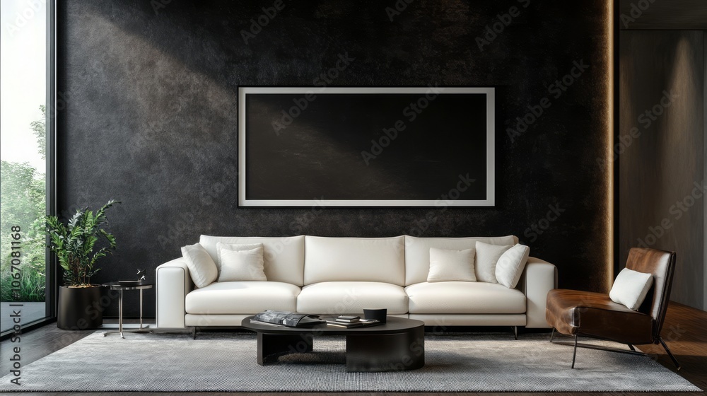 A Modern Living Room with a White Sofa, Brown Leather Chair, and a Large Framed Picture A Modern Living Room with a White Sofa, Brown Leather Chair, and a Large Framed Picture
