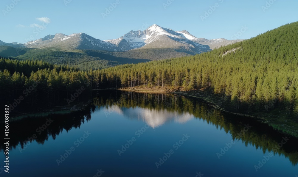 Majestic aerial view of a serene mountain lake surrounded by pine forests, with snow-capped peaks reflected in the still water Majestic aerial view of a serene mountain lake surrounded by pine forests, with snow-capped peaks reflected in the still water