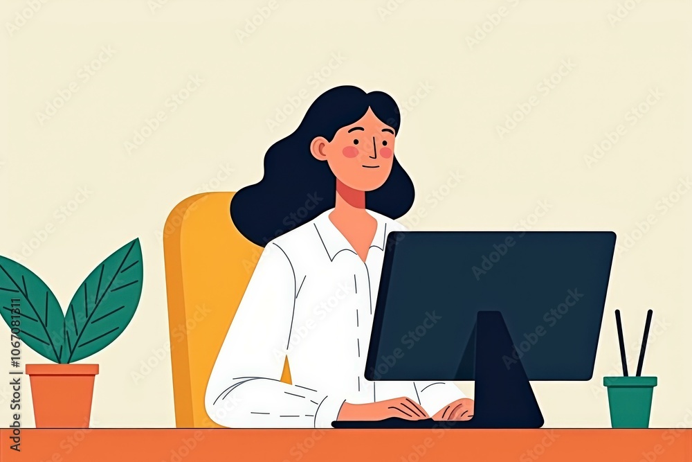 Illustrated Woman Working on Computer at Desk - Perfect for Office Decor, Web Design, and Marketing Materials Illustrated Woman Working on Computer at Desk - Perfect for Office Decor, Web Design, and Marketing Materials