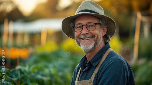 A joyful gardener tending to a vibrant vegetable patch at sunrise, showcasing a connection to nature and a commitment to growth