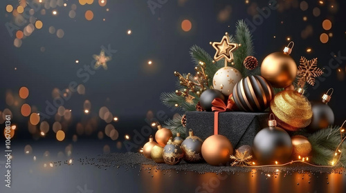 festive arrangement featuring elegant Christmas ornaments, gift boxes, and sparkling lights creates warm holiday atmosphere. Perfect for celebrating joy of season
