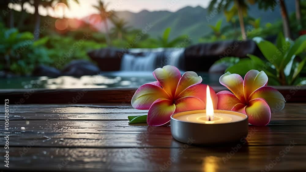 Some candles and flowers are on the wooden board. The concept of zen and relaxing spa. Seamless 4K looping timelapse video animation background