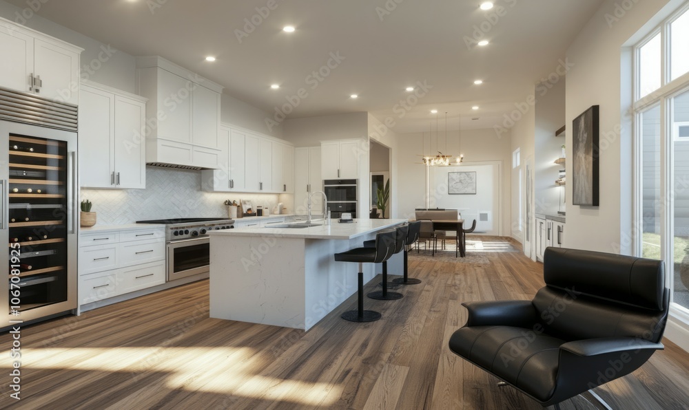 Large, modern white kitchen with an expansive island and top of the line appliances. Kitchen with a black leather chair, wine cooler, and a desk. Large, modern white kitchen with an expansive island and top of the line appliances. Kitchen with a black leather chair, wine cooler, and a desk.