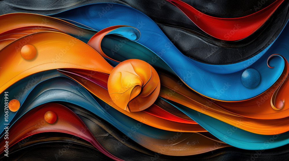 Whimsical abstraction featuring rounded shapes and vibrant colors, creating dynamic flow of orange, blue, and black tones. design evokes sense of movement and creativity Whimsical abstraction featuring rounded shapes and vibrant colors, creating dynamic flow of orange, blue, and black tones. design evokes sense of movement and creativity