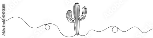 One continuous line illustration of a cactus, isolated on white background. Line art of a cactus. Vector illustration.