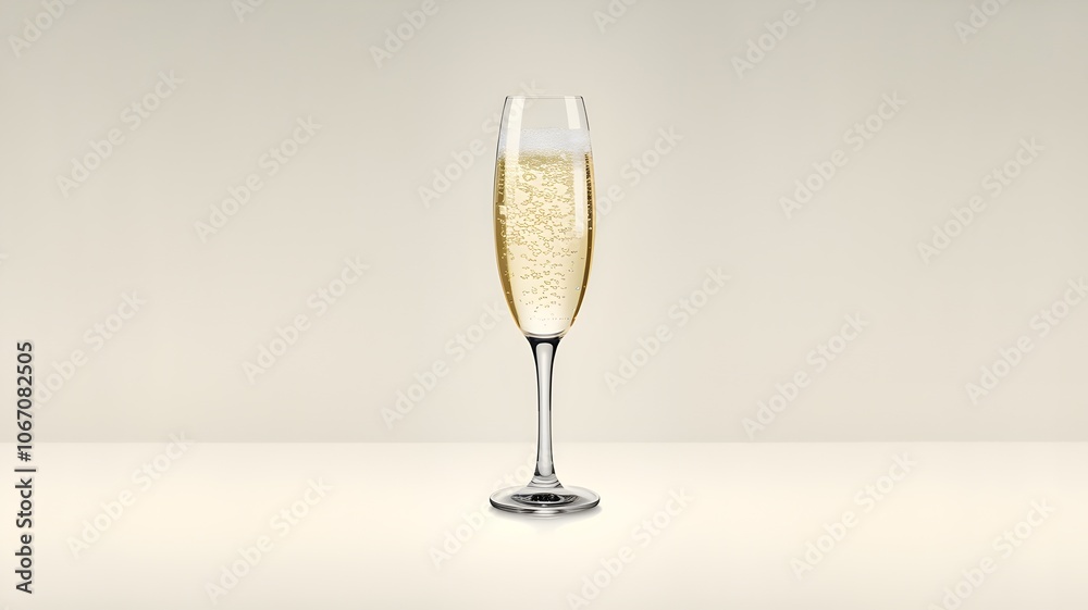 Minimalist champagne flute with bubbles on white surface Minimalist champagne flute with bubbles on white surface