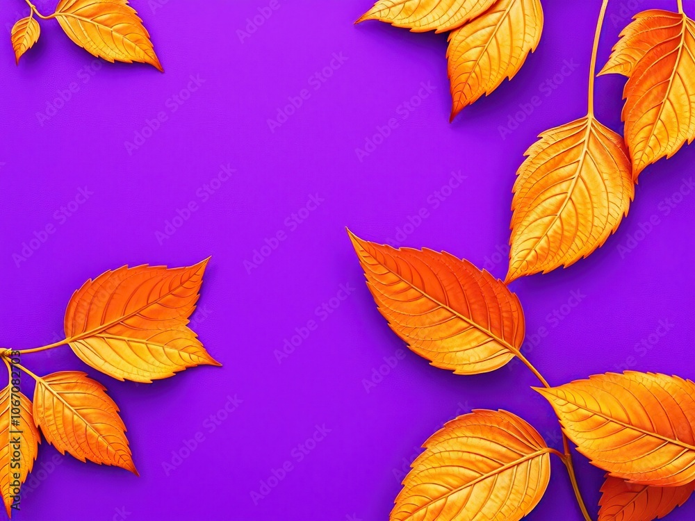 Obraz premium Dry orange metallic leaves creating a beautiful pattern on a vibrant violet background, abstract