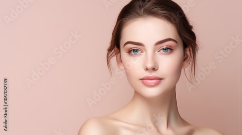 Elegant Woman with Flawless Skin and Natural Makeup on Pink Background