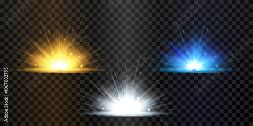 Bright golden, white and blue light effects set. Sunrise, sunrays, burst, star. Highlights and multiple realistic rays. Isolated elements on background for web designs, new year, birthday, festivals. 