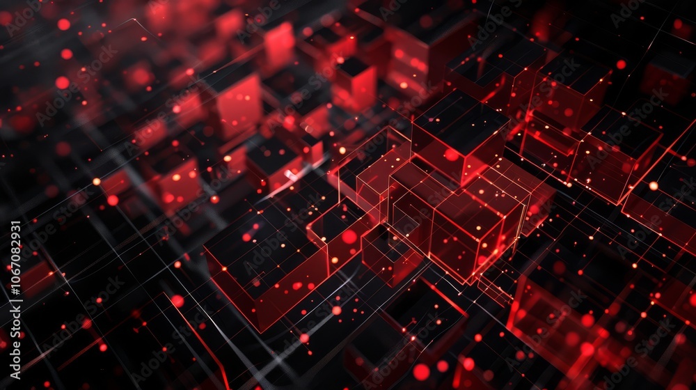 abstract background of red and black cubes interconnected in a digital grid with glowing particles. The layered composition adds depth and a futuristic, high-tech vibe abstract background of red and black cubes interconnected in a digital grid with glowing particles. The layered composition adds depth and a futuristic, high-tech vibe