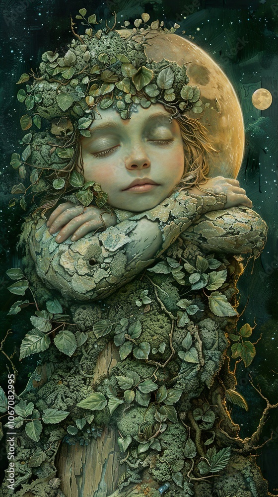 Fototapeta premium Dreamy Fantasy Art: A Girl Embraced by Nature under a Moonlit Sky