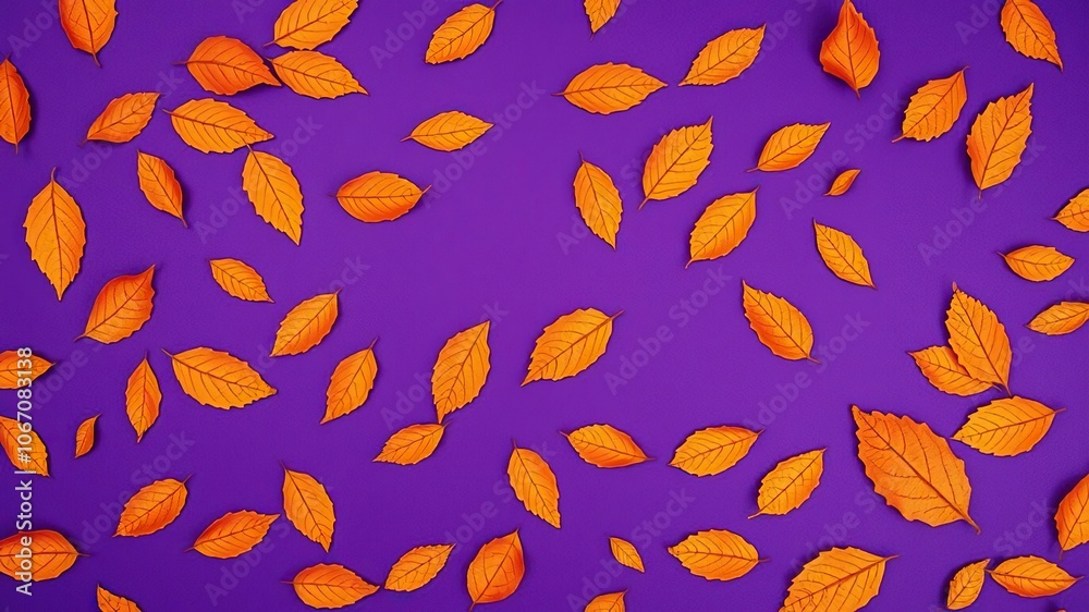 Dry orange metallic leaves scattered in a beautiful pattern on a vibrant violet background, nature Dry orange metallic leaves scattered in a beautiful pattern on a vibrant violet background, nature