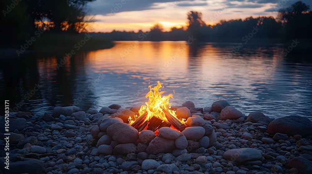 Cozy campfire glowing on rocky shore,its warm flames reflected on the calm surface of a serene lake at sunset. Peaceful wilderness landscape with cloudy orange sky in the background. Cozy campfire glowing on rocky shore,its warm flames reflected on the calm surface of a serene lake at sunset. Peaceful wilderness landscape with cloudy orange sky in the background.