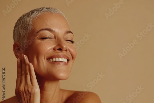 Close-up portrait of a smiling mature woman with short hair, radiating happiness and confidence against a plain background. Her relaxed expression captures a moment of serene joy. Generated AI
