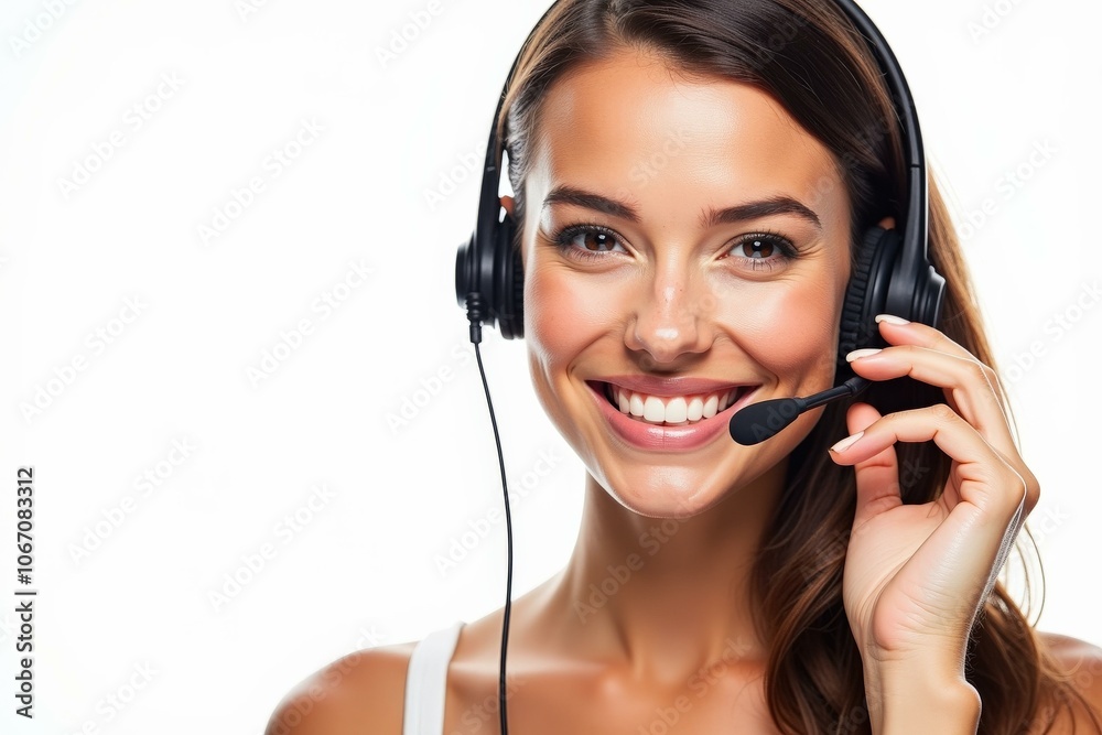 Professional Customer Service Representative Smiling with Headset on White Background, Ideal for Business and Marketing Materials Professional Customer Service Representative Smiling with Headset on White Background, Ideal for Business and Marketing Materials