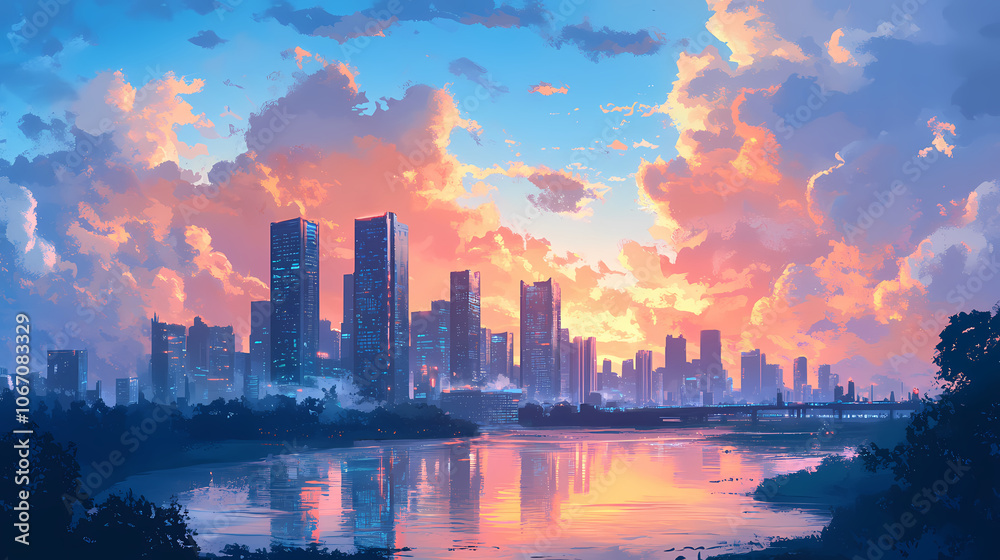 Fototapeta premium A futuristic city or city of the future from science fiction at sunset with the skyscrapers lighten by golden hour in the middle of a cloudy blue sky, near a river. Futuristic. Illustration