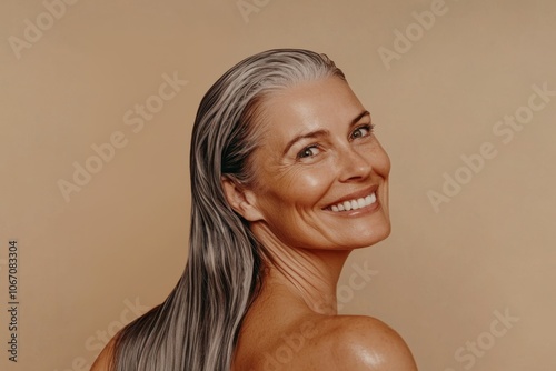 Portrait of a confident mature woman smiling warmly, showcasing her stunning silver gray hair with elegance and grace. The image evokes feelings of beauty and positivity. Generated AI photo