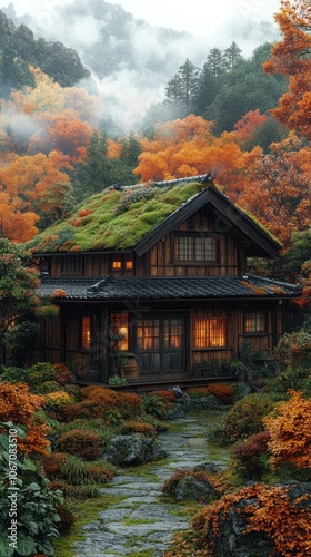 A Japanese-style house with a mossy roof, nestled amidst autumn foliage and fog.