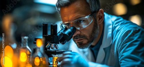 Scientist in a lab looking through a microscope.