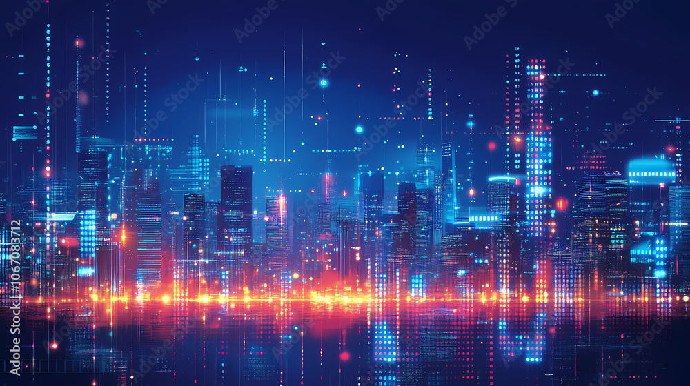 A futuristic city skyline at night with glowing bars and data. Futuristic. Illustration A futuristic city skyline at night with glowing bars and data. Futuristic. Illustration