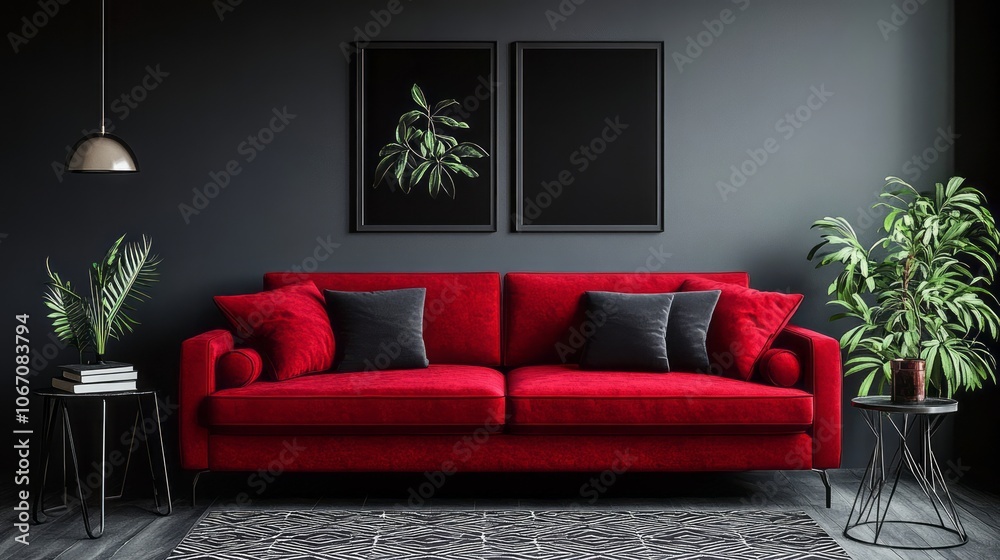 Red Velvet Sofa with Black Frames in a Dark Room Red Velvet Sofa with Black Frames in a Dark Room