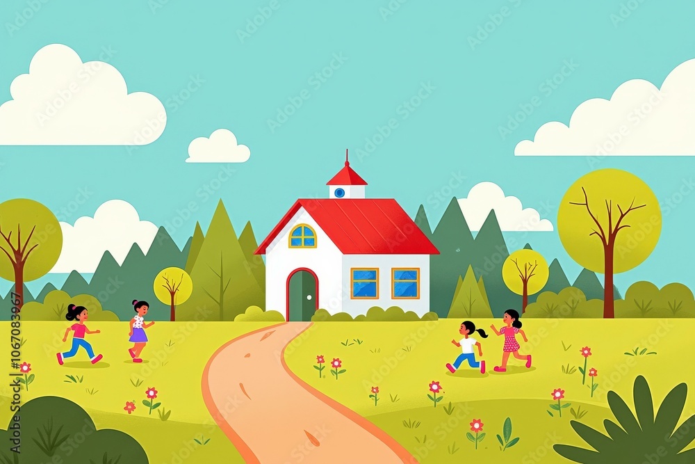 Fototapeta premium Vibrant Schoolhouse Illustration: Perfect for Educational Materials, Children's Books, and Happy Scenes