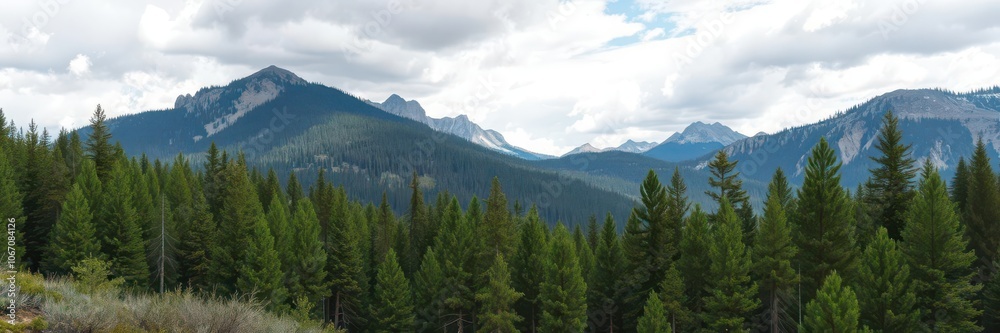 Scenic view of dense pine forest in the rugged wilderness mountains, wild Scenic view of dense pine forest in the rugged wilderness mountains, wild