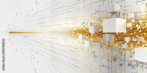 Intricate 3D digital composition featuring large white blocks and small golden cubes on a grid-like background. Lines and shapes converge towards a vanishing point