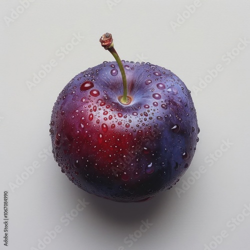 A purple and red apple with drops of water on it, suggesting recent rainfall.