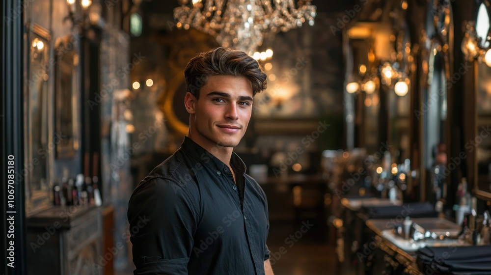 Stylish young man posing confidently in a chic barbershop filled with vintage decor, illuminated by warm lights Stylish young man posing confidently in a chic barbershop filled with vintage decor, illuminated by warm lights