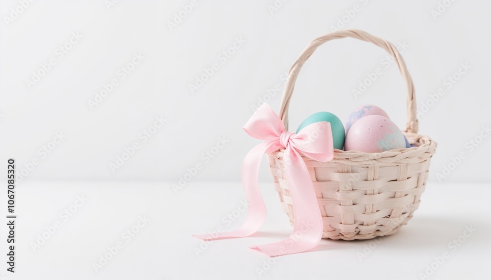 Easter Basket with Pastel Eggs and Pink Bow on White Background Easter Basket with Pastel Eggs and Pink Bow on White Background