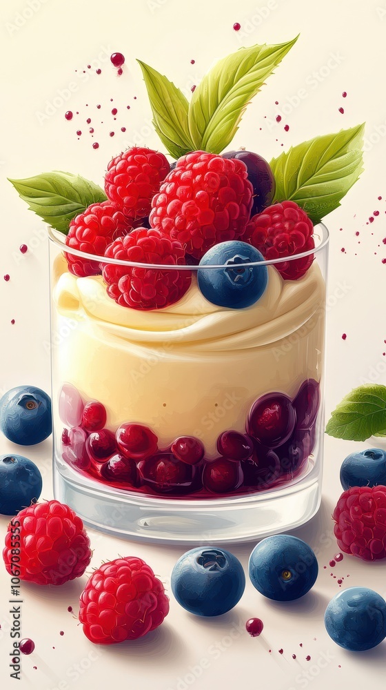 A glass of dessert with whipped cream, raspberries, blueberries, and a red berry sauce A glass of dessert with whipped cream, raspberries, blueberries, and a red berry sauce