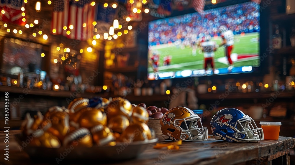 Super Bowl party scene with football decorations and TV screen Super Bowl party scene with football decorations and TV screen