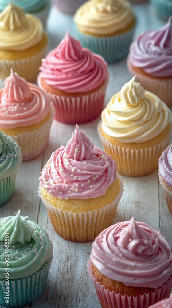 Decorative cupcakes with vibrant frosting arranged on a wooden table