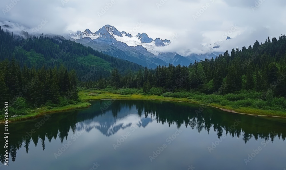 Majestic aerial view of a serene mountain lake surrounded by pine forests, with snow-capped peaks reflected in the still water Majestic aerial view of a serene mountain lake surrounded by pine forests, with snow-capped peaks reflected in the still water