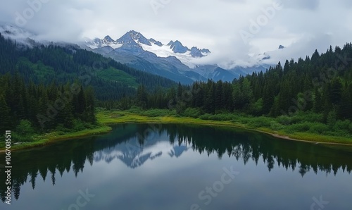 Majestic aerial view of a serene mountain lake surrounded by pine forests, with snow-capped peaks reflected in the still water