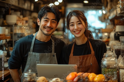 Smiling Barista Couple in a Coffee Shop