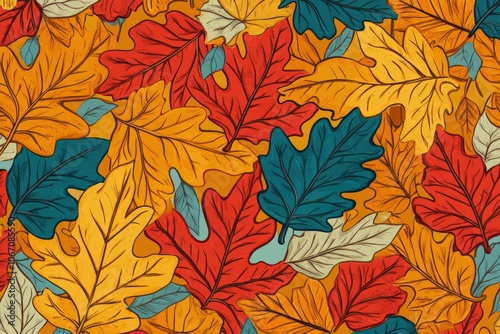 A lively seamless pattern with hand-drawn oak and maple leaves in vibrant fall colors, scattered in a playful, overlapping style, perfect for autumn-themed products and seasonal textiles