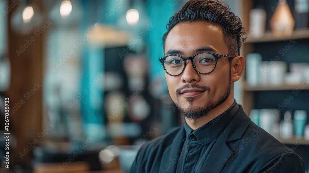 Fototapeta premium A stylish young man with glasses poses confidently in a trendy barbershop, showcasing modern grooming styles and a welcoming atmosphere
