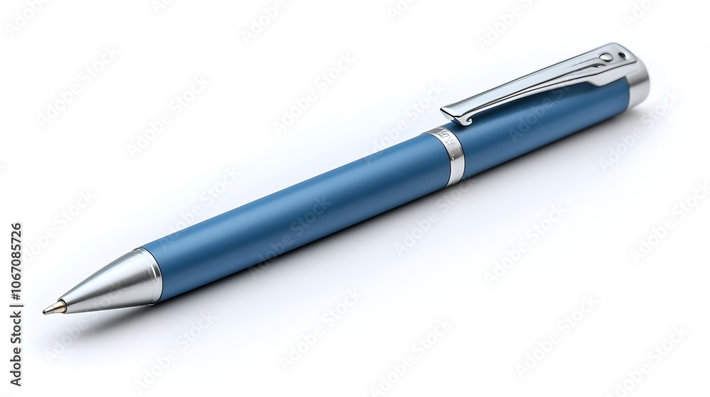 Elegant and contemporary blue metal ballpoint pen lying on a plain white background. This stylish office supply accessory is perfect for writing,sketching. Elegant and contemporary blue metal ballpoint pen lying on a plain white background. This stylish office supply accessory is perfect for writing,sketching.