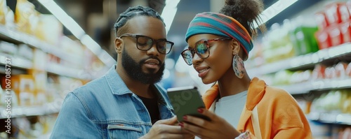 Diverse couple using mobile...