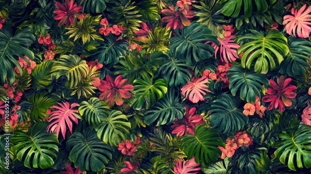 Vibrant Tropical Foliage with Colorful Flowers Vibrant Tropical Foliage with Colorful Flowers