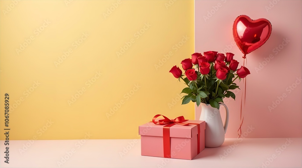 A bouquet of fresh red roses in a white pitcher sits beside a pink gift box with a red ribbon, accompanied by a red heart-shaped balloon A bouquet of fresh red roses in a white pitcher sits beside a pink gift box with a red ribbon, accompanied by a red heart-shaped balloon