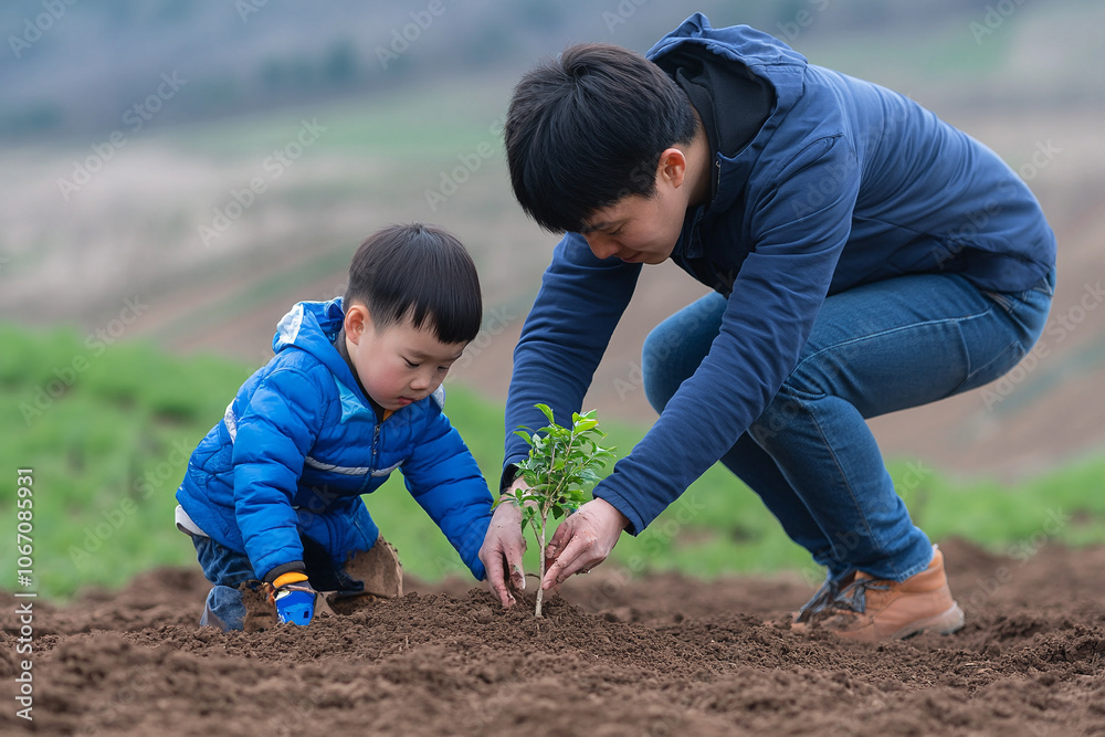 Asian father and son planting tree in a field Asian father and son planting tree in a field