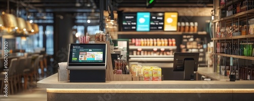 Checkout Counter with Digital Display Showcasing Payment Options for Retail Marketing