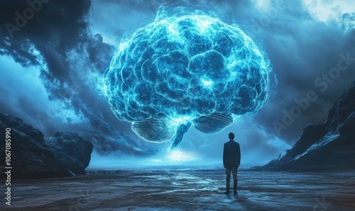 Man stands in front of a huge brain, connect to artificial intelligience, explosion of ideas, brainstorming for solutions, discovery, innovation and creativity photo