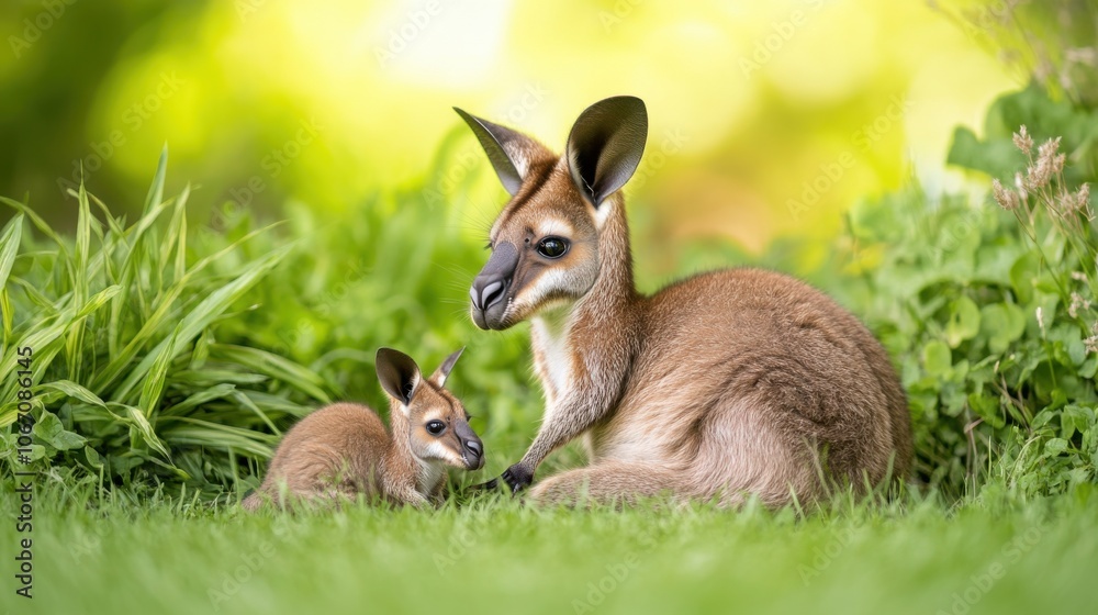 A mother kangaroo and her joey rest among lush green grass, embodying the beauty of wildlife and nurturing in nature. A mother kangaroo and her joey rest among lush green grass, embodying the beauty of wildlife and nurturing in nature.