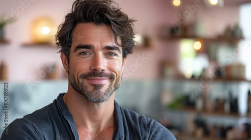 A cheerful man with stylish hair smiles warmly in a cozy indoor space with soft lighting and greenery around him